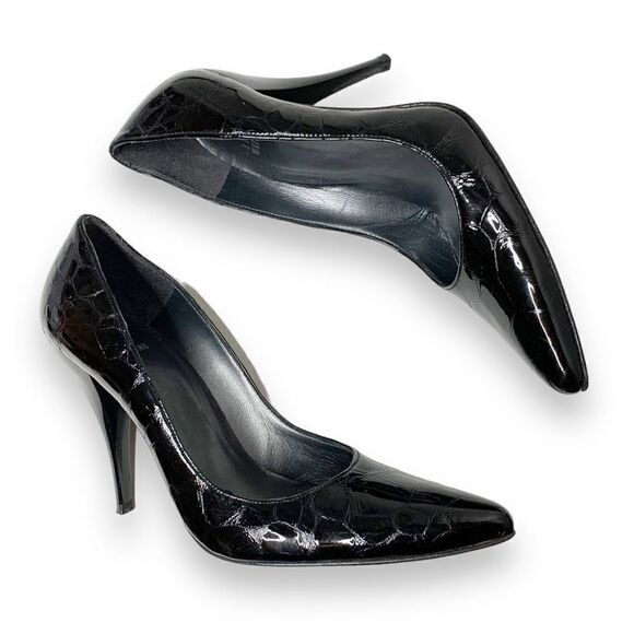 Stuart Weitzman Black Croc Embossed Patent Leather Pointed Toe Pumps Size 7.5 M - Picture 4 of 11